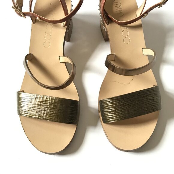 Jimmy Choo Leather Star Studded Wrap Sandals Womens 36.5 Brown Block Heels Shoes - Picture 5 of 13